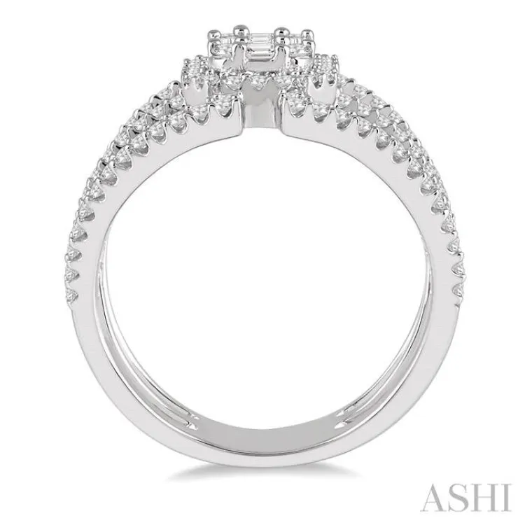 1 1/10 ctw Triple Ring Baguette & Round Cut Diamond Ring in 14K White Gold