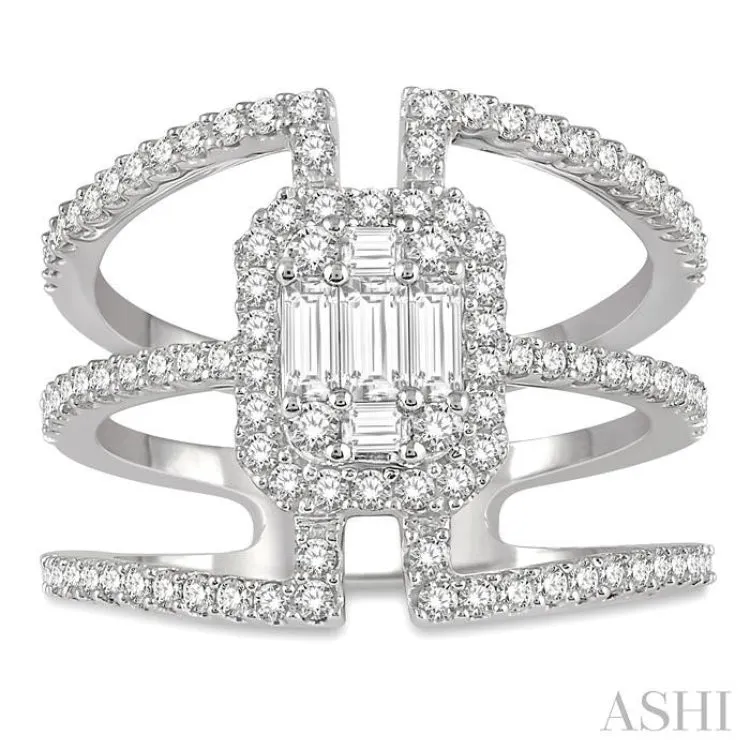 1 1/10 ctw Triple Ring Baguette & Round Cut Diamond Ring in 14K White Gold