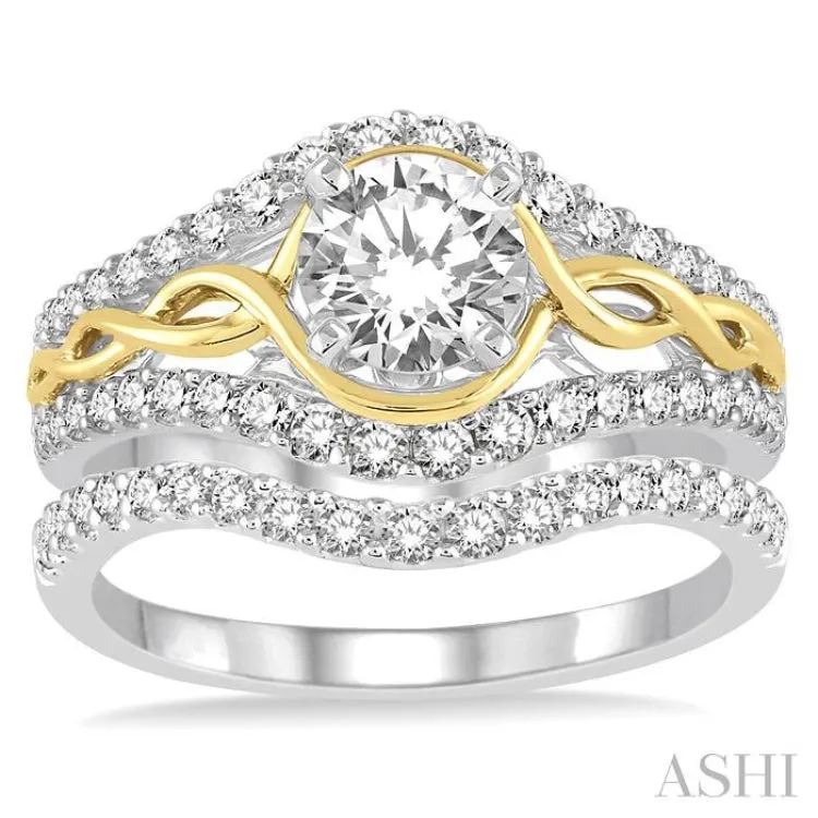 1 1/2 Ctw Diamond Wedding Set with 1 1/5 Ctw Round Cut Engagement Ring and 1/4 Ctw Wedding Band in 14K White and Yellow Gold