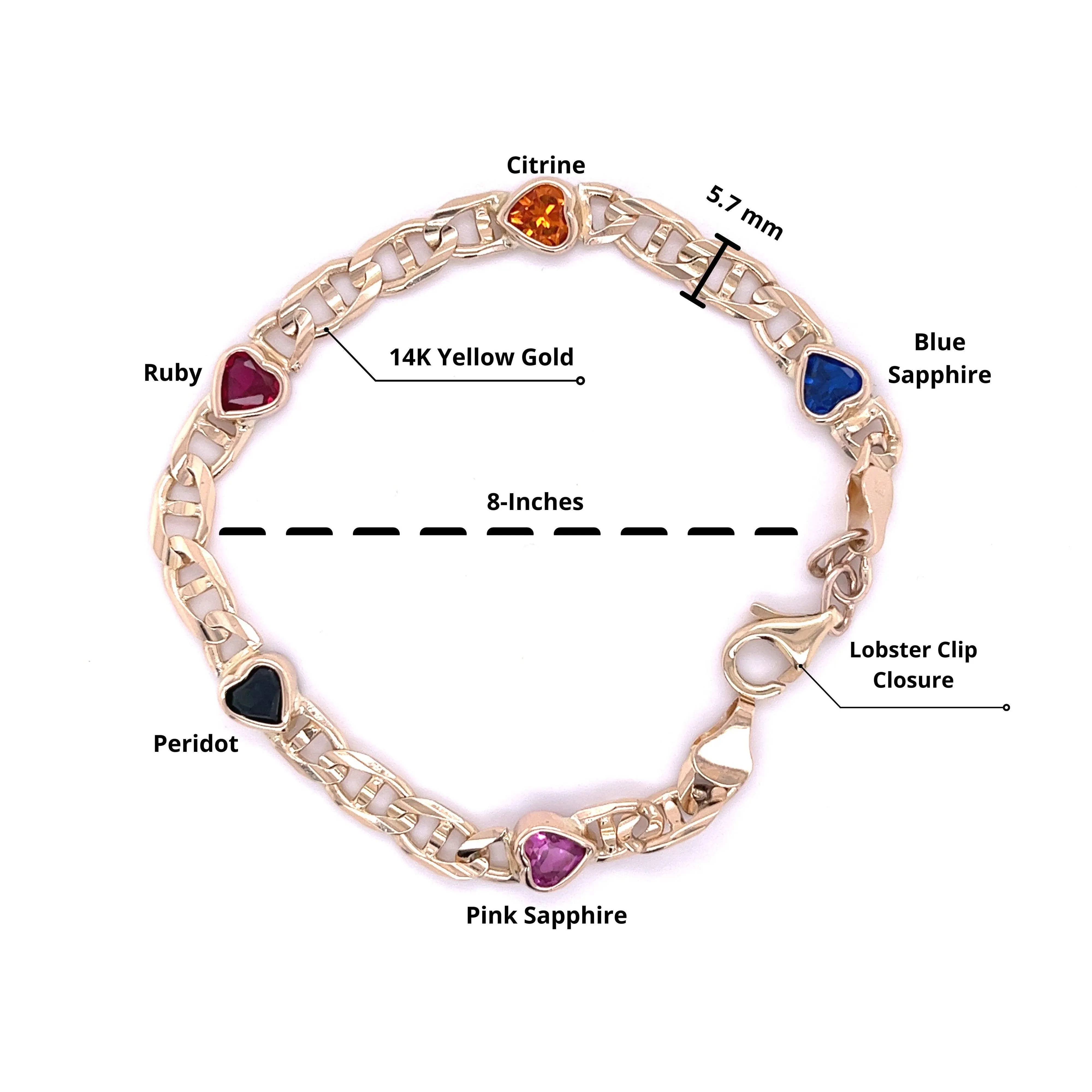 14K Yellow Gold Heart-Shape Multi Gemstone Charm Bracelet | Pink/Blue Sapphire, Peridot, Citrine, Ruby