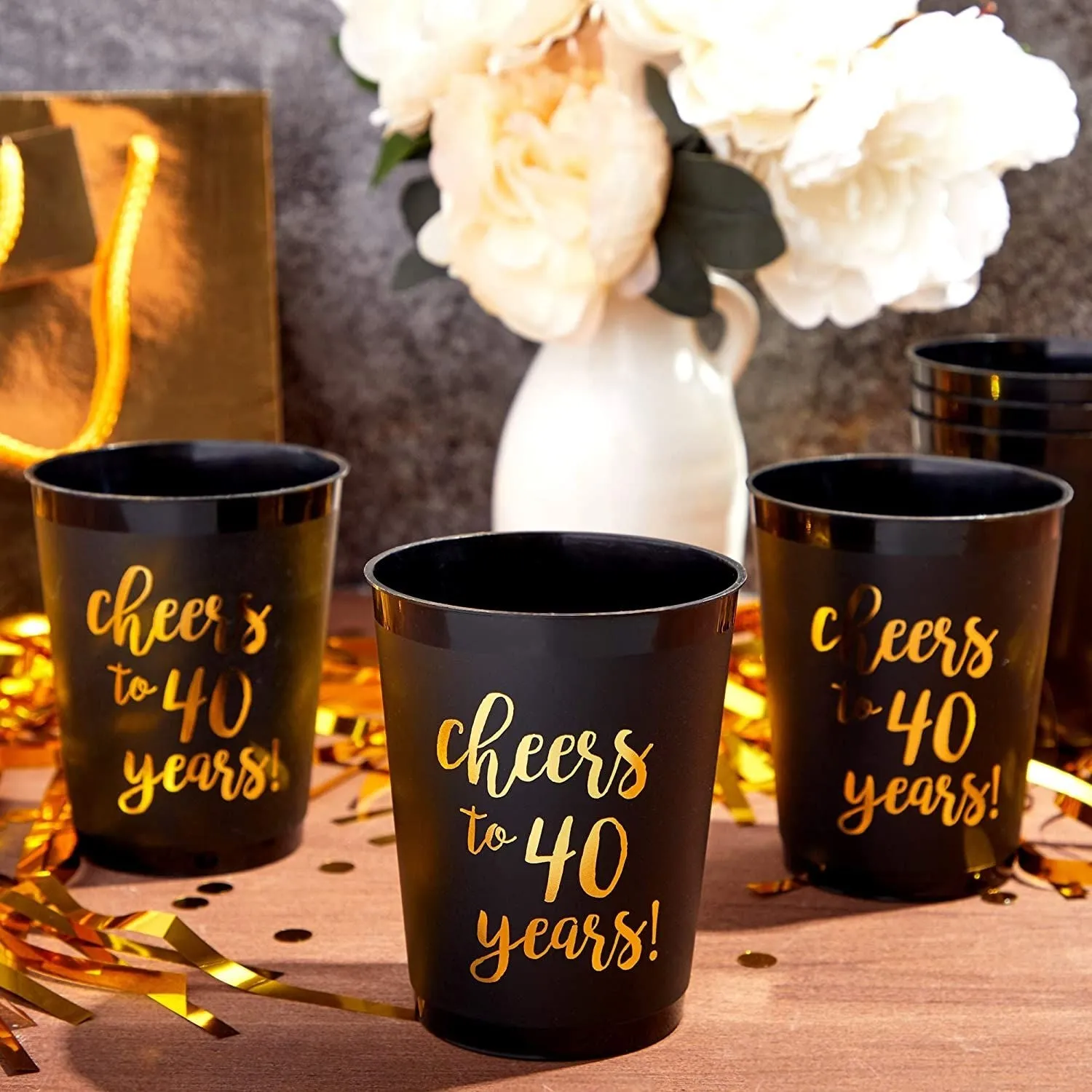 16 Pack Cheers to 40 Years Plastic Party Cups - 40th Birthday Decorations for Men and Women, Anniversaries (Black, 16 oz)