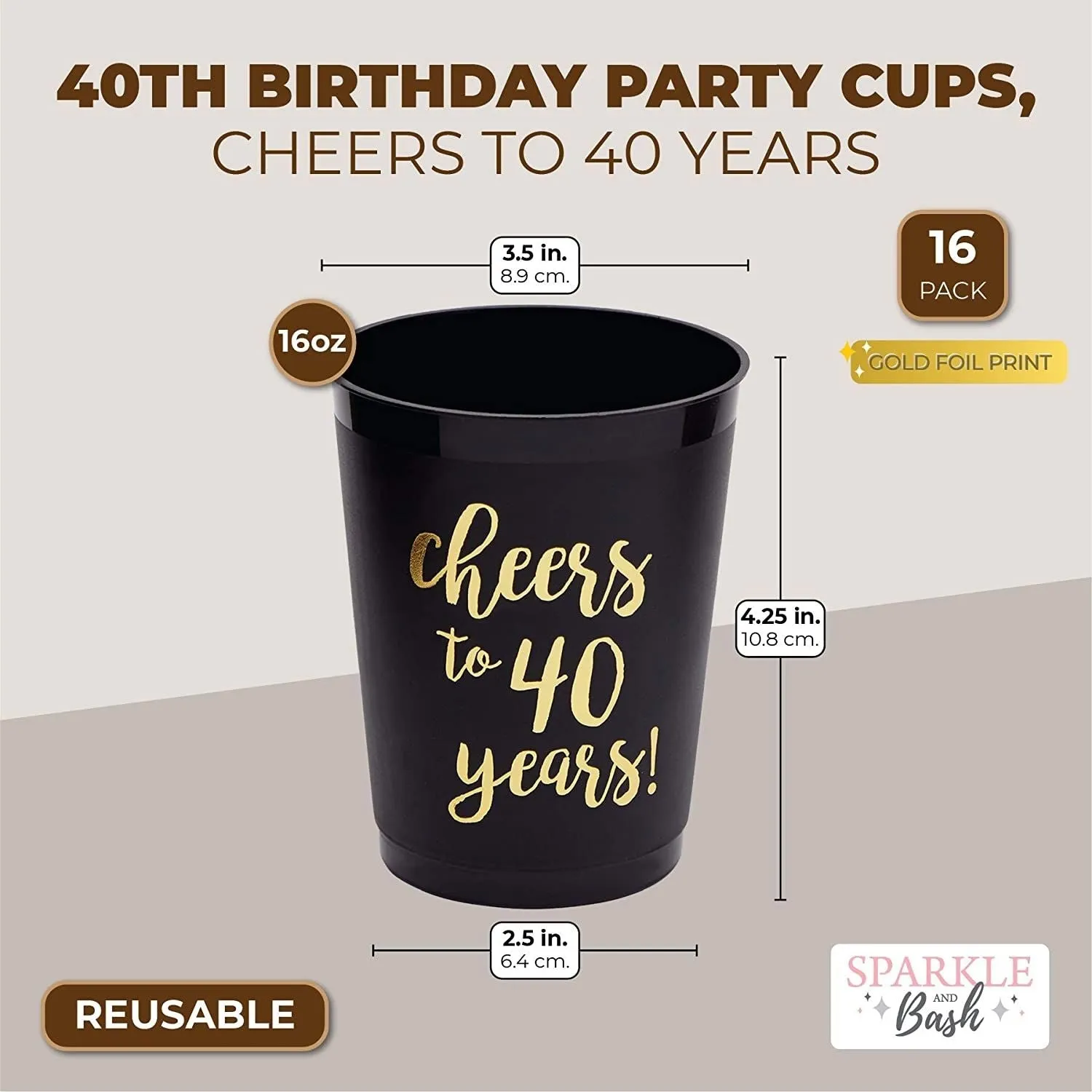 16 Pack Cheers to 40 Years Plastic Party Cups - 40th Birthday Decorations for Men and Women, Anniversaries (Black, 16 oz)