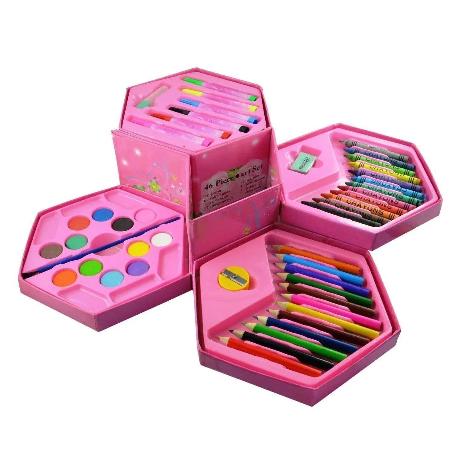 46 Pcs Plastic Art Colour Set With Color Pencil, Crayons, Oil Pastel & Sketch Pens (Multicolour)