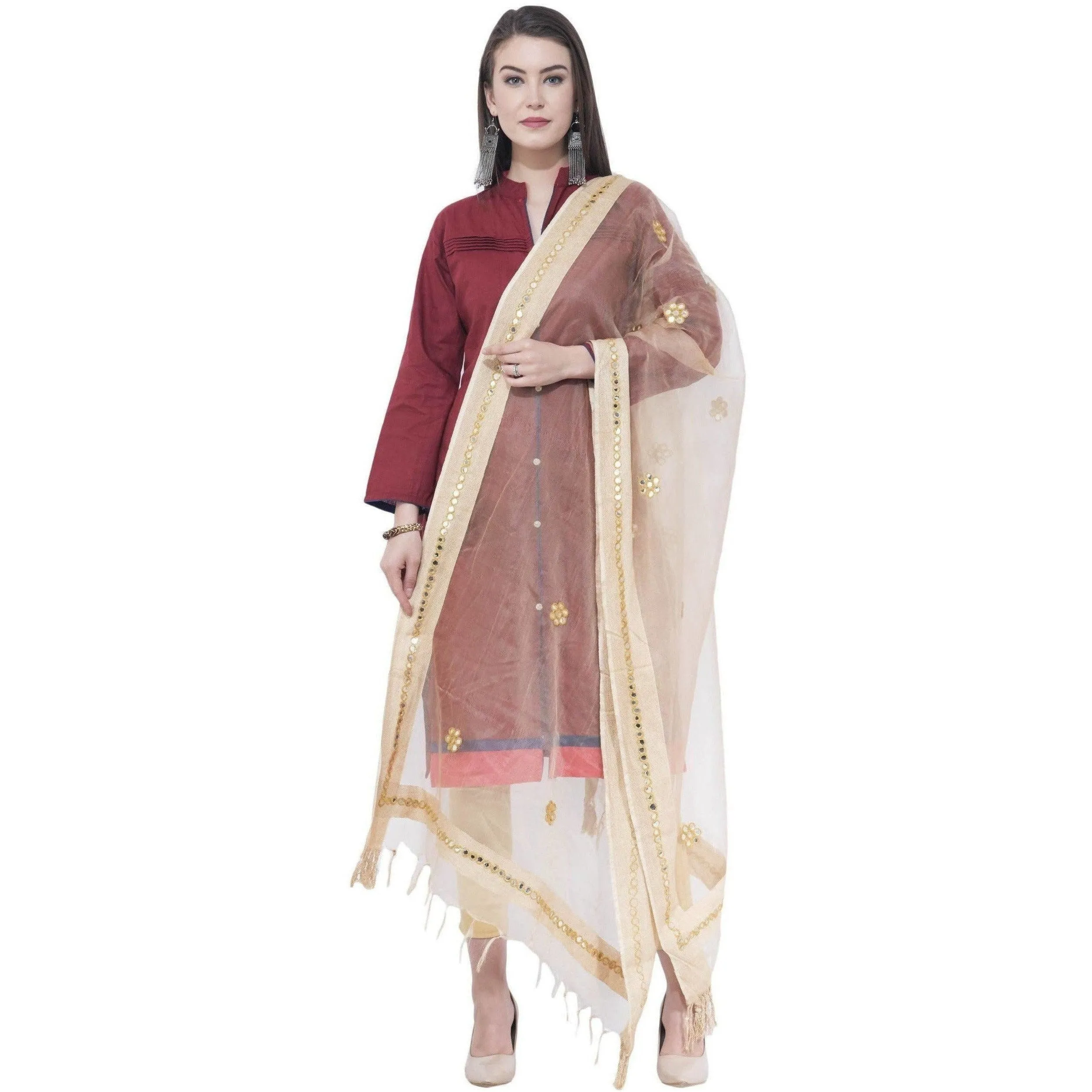A R Silk Light Golden Color Flower Mirror Orgenza Cotton Dupattas and Chunnis
