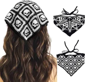 Acenail Black Skull Headbands Crochet Bandanas Headband Spider Gothic Head Scarf Halloween Hair Accessories for Women 2Pcs