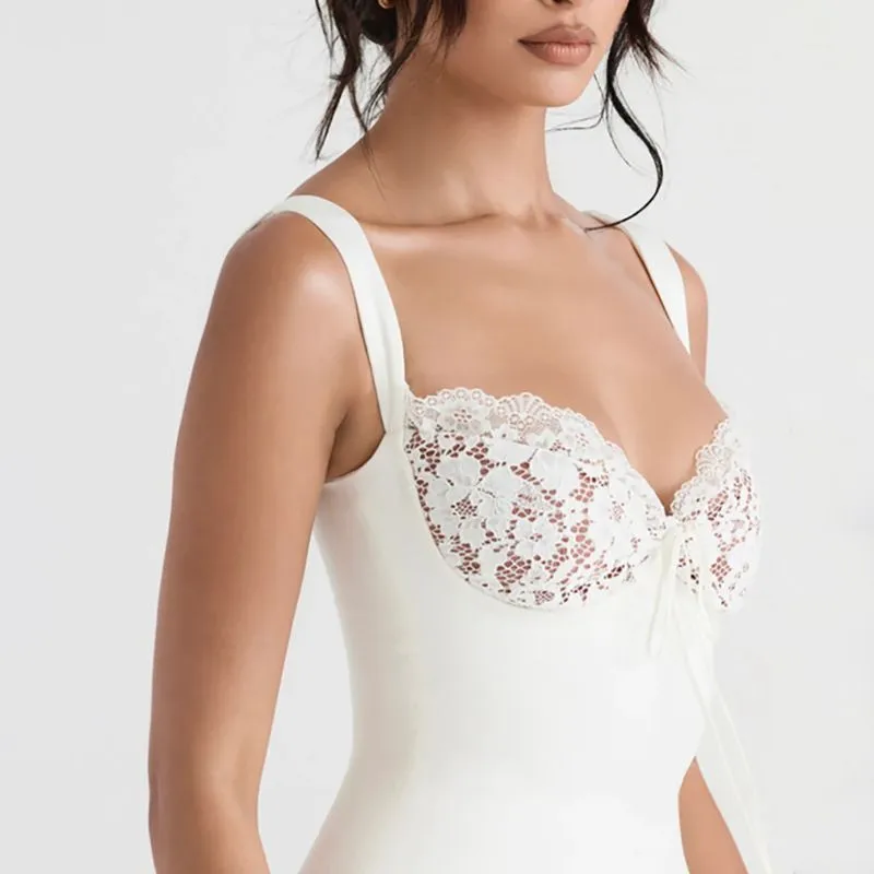 Aesthetic Silky Lace Patchwork Satin And Lace Mini Dress