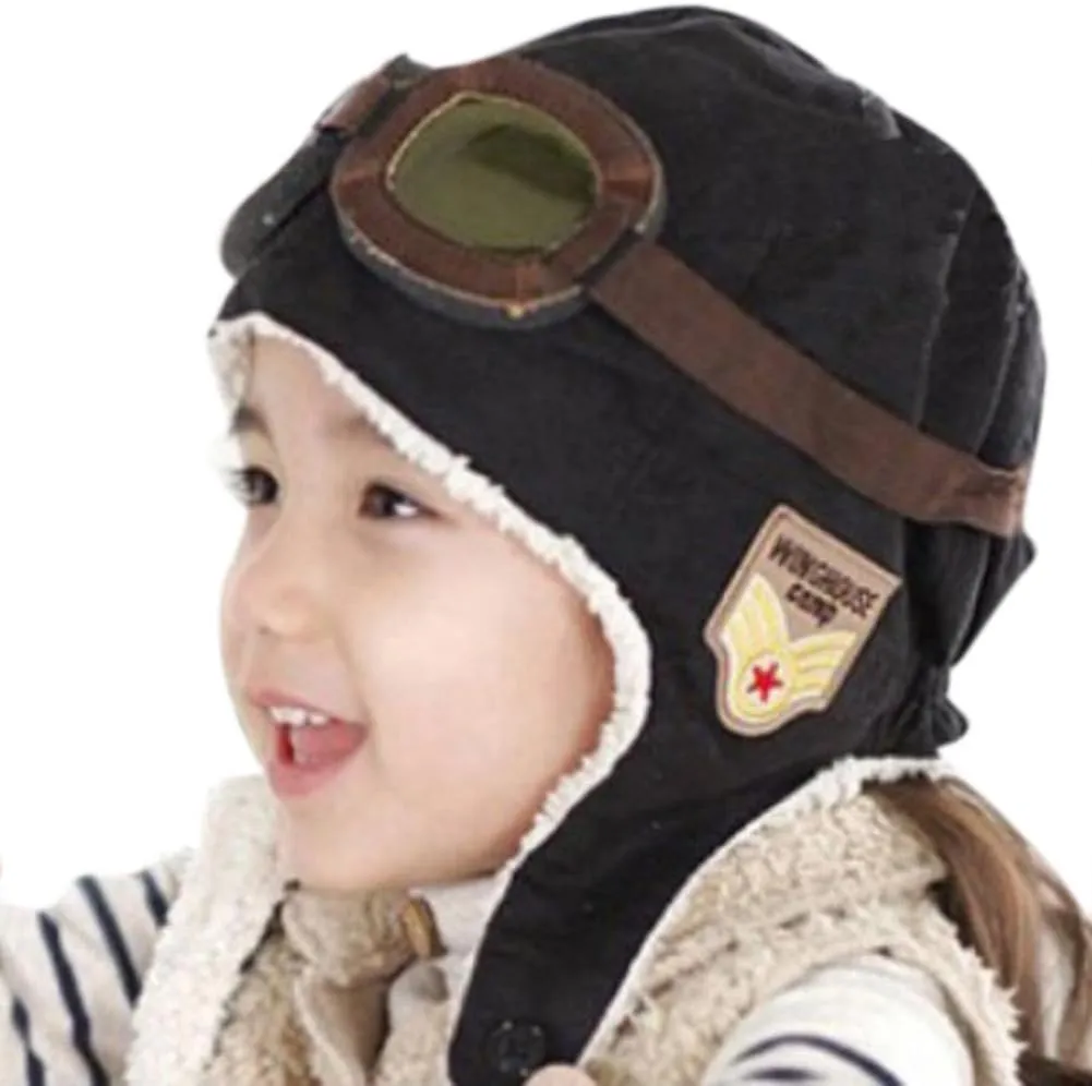 Baby Kids Winter Warm Hat Boy Warmer Earflap Hat Pilot Aviator Cap with Goggles Pattern Black