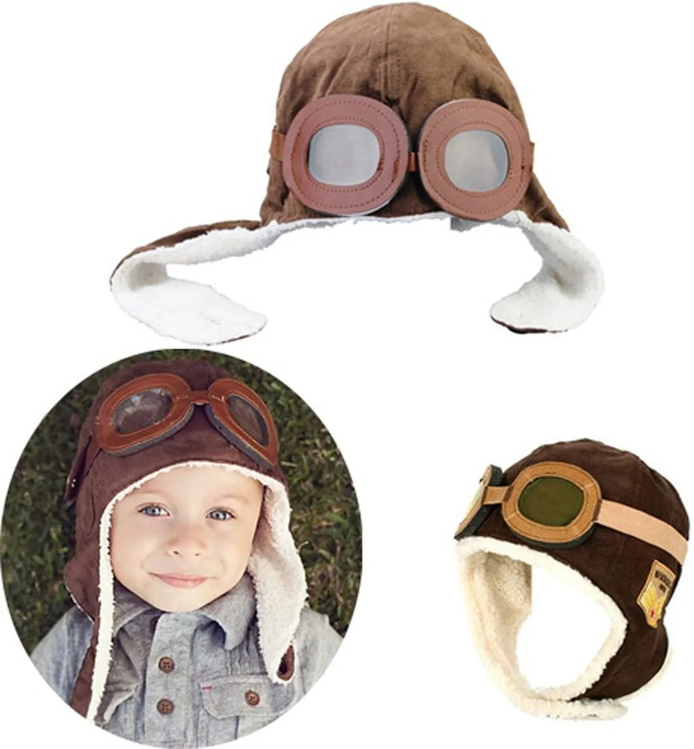 Baby Kids Winter Warm Hat Boy Warmer Earflap Hat Pilot Aviator Cap with Goggles Pattern Brown