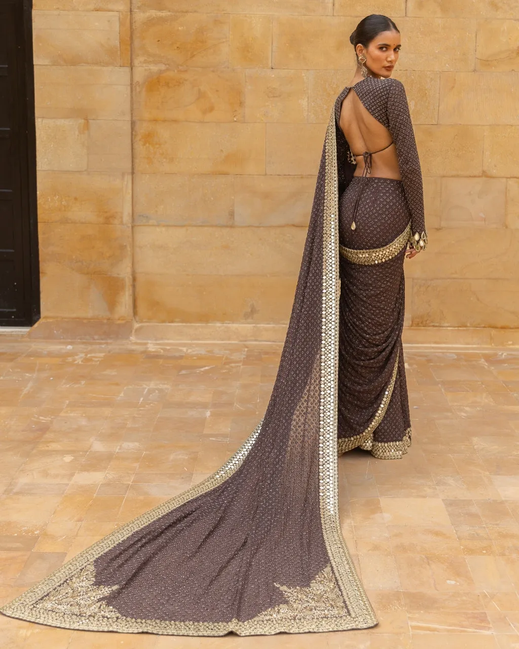 Brown Sequin Beige Gold Self Embroidered Sari Set