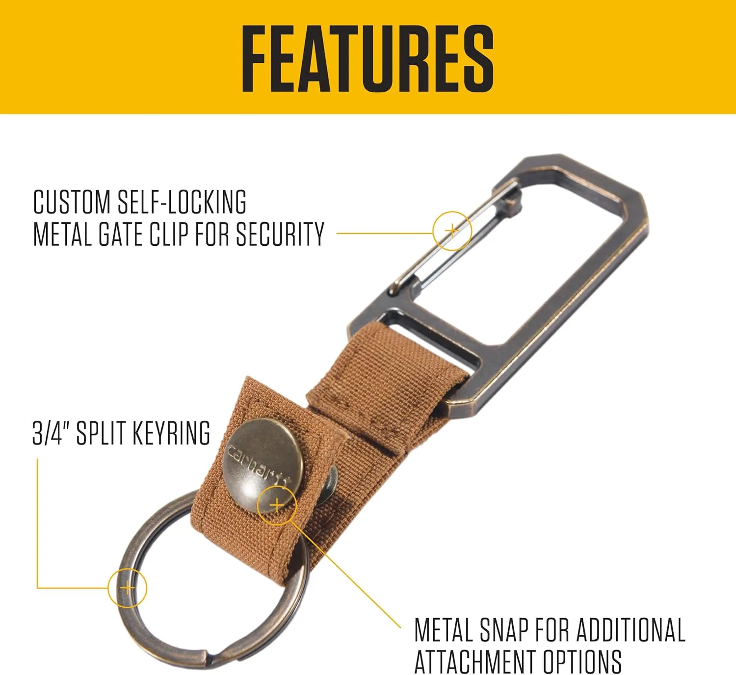 Carhartt Unisex Adult Durable Metal Key Keeper, Belt Loop Key Ring Holder with Self-Locking Metal Gate Clip for Car/Home Keys