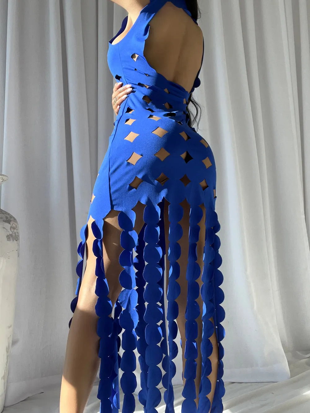 CERA Appliqué Fringe Maxi Dress in Blue