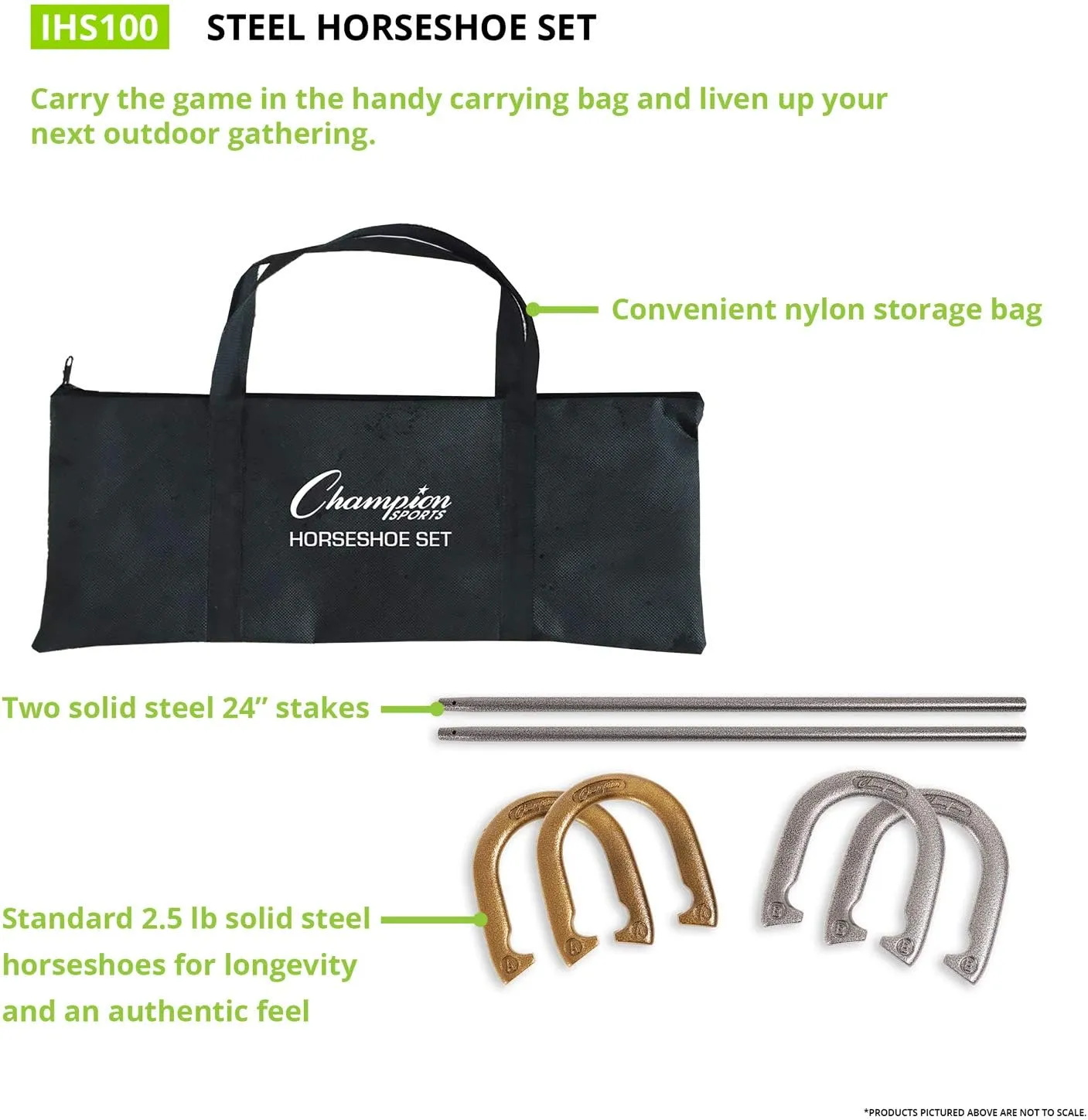 Champion Sports Horseshoe Set: Traditional Outdoor Lawn Game includes Four Professional Solid Steel Horseshoes with Solid Steel Stakes & Carrying Storage Case