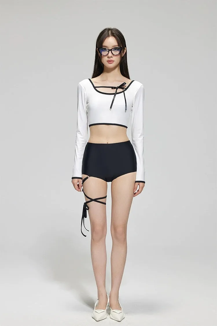 Contrast Hem Long Sleeve Crop Top and High-Waisted Bikini Set