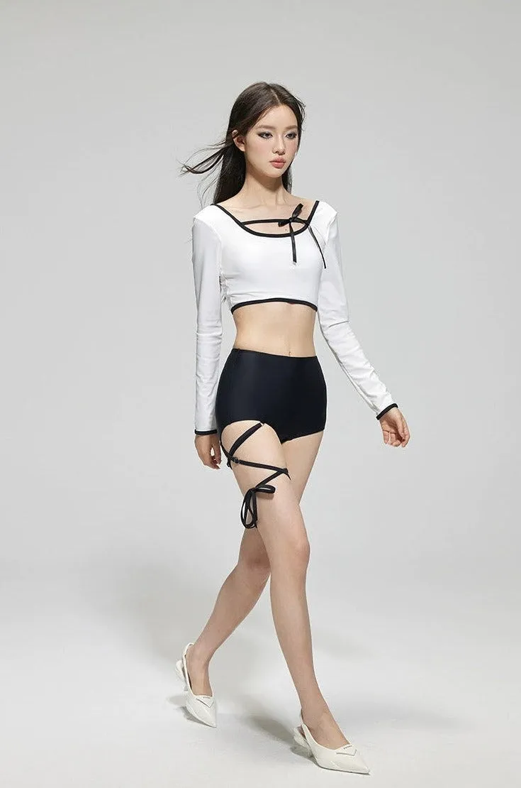 Contrast Hem Long Sleeve Crop Top and High-Waisted Bikini Set