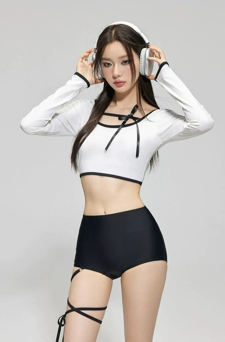Contrast Hem Long Sleeve Crop Top and High-Waisted Bikini Set