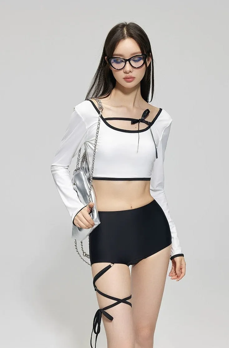 Contrast Hem Long Sleeve Crop Top and High-Waisted Bikini Set