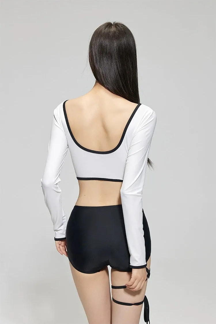 Contrast Hem Long Sleeve Crop Top and High-Waisted Bikini Set