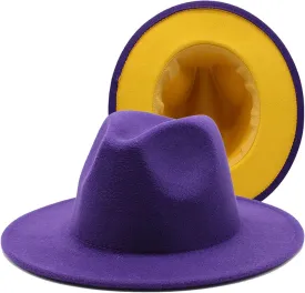 DHAEY 1pack Fashion Jazz Cap Unisex Purple Yellow Patchwork Wool Fedora Hats Men Women Wide Brim Panama Party Trilby Cap Luopan Caps & Hats (Color : Purple Yellow, Size : 56 58cm)