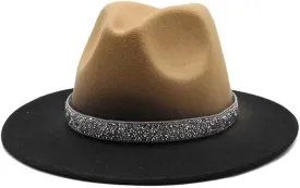 DHAEY New British Style Woolen Thickened Top Hat Gradient Two-Color Top Hat Autumn and Winter Jazz Felt Hat with Glitter Belt Luopan Caps & Hats (Color : Camel Black, Size : 56-58cm)
