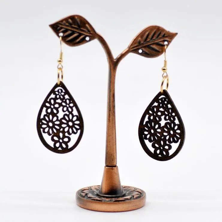 Earring Drop Shaped Wood Floral Lasered Earrings 1 Pair
