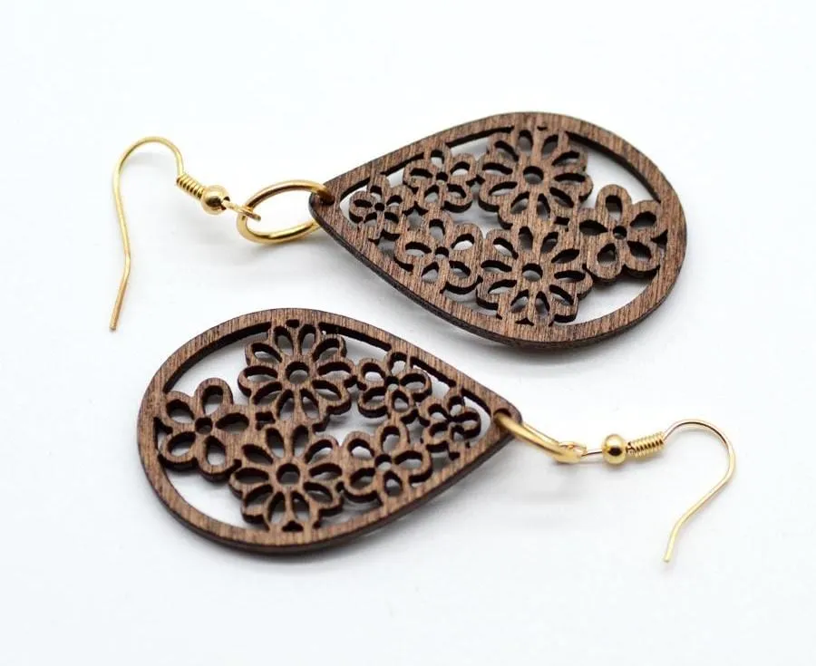 Earring Drop Shaped Wood Floral Lasered Earrings 1 Pair
