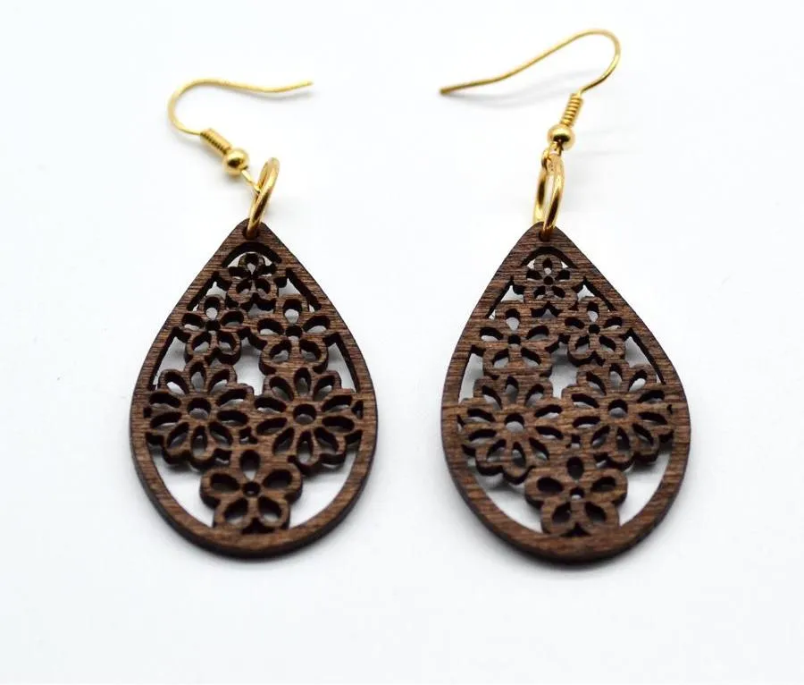 Earring Drop Shaped Wood Floral Lasered Earrings 1 Pair
