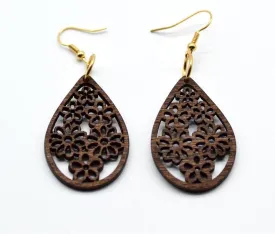 Earring Drop Shaped Wood Floral Lasered Earrings 1 Pair