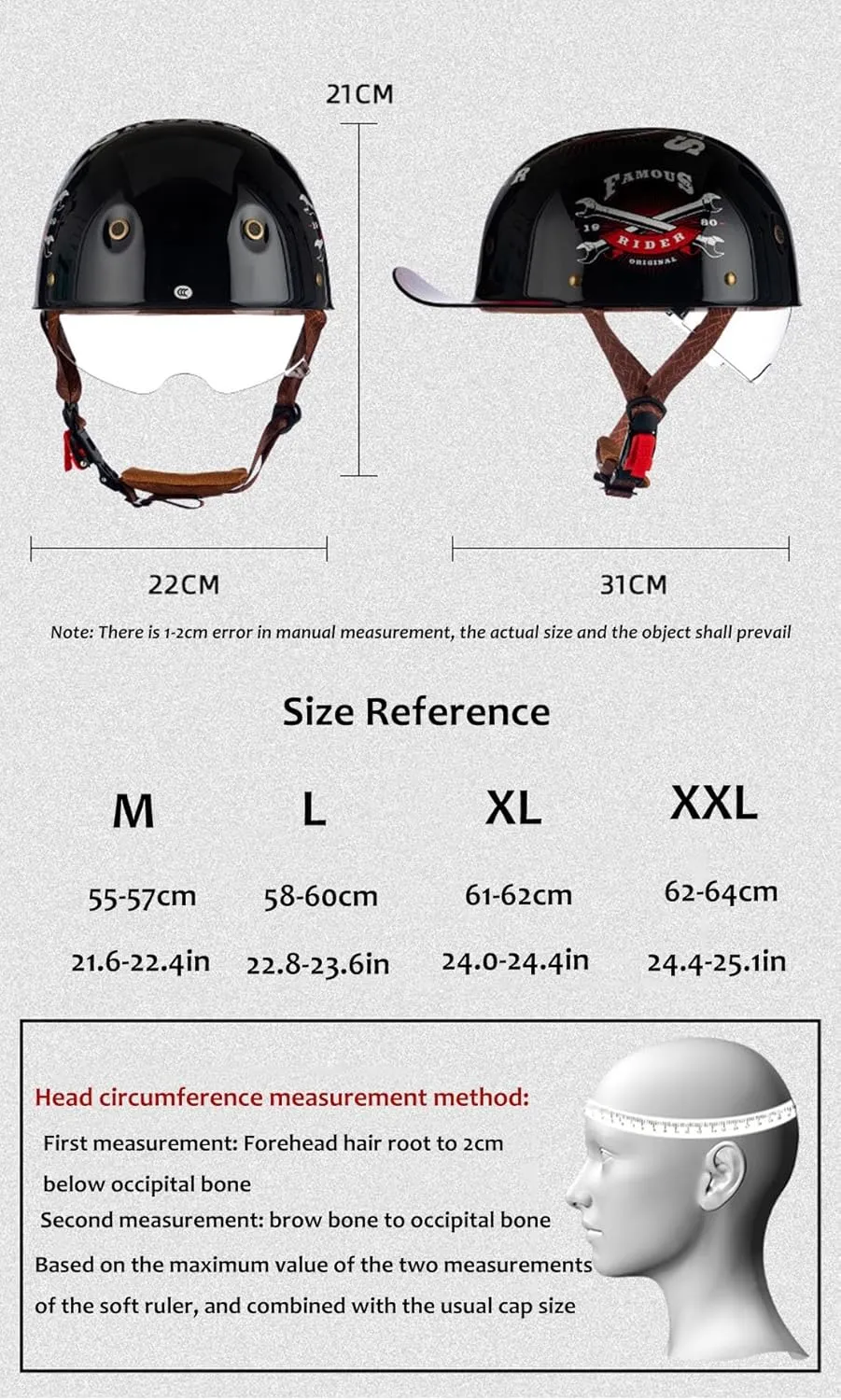 Fashion Baseball Cap Style Motorcycle Helmet Adults Open Face Helmet Retro Skull Cap Helmet with Pull-Down Lens for Men Women Moped Scooter Street Cruiser Helmet DOT Approved