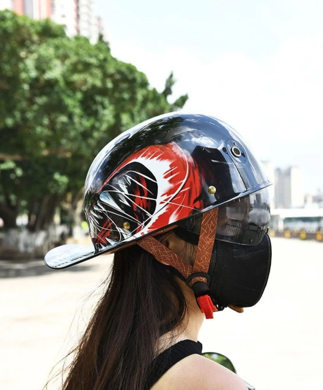 Fashion Baseball Cap Style Motorcycle Helmet Adults Open Face Helmet Retro Skull Cap Helmet with Pull-Down Lens for Men Women Moped Scooter Street Cruiser Helmet DOT Approved