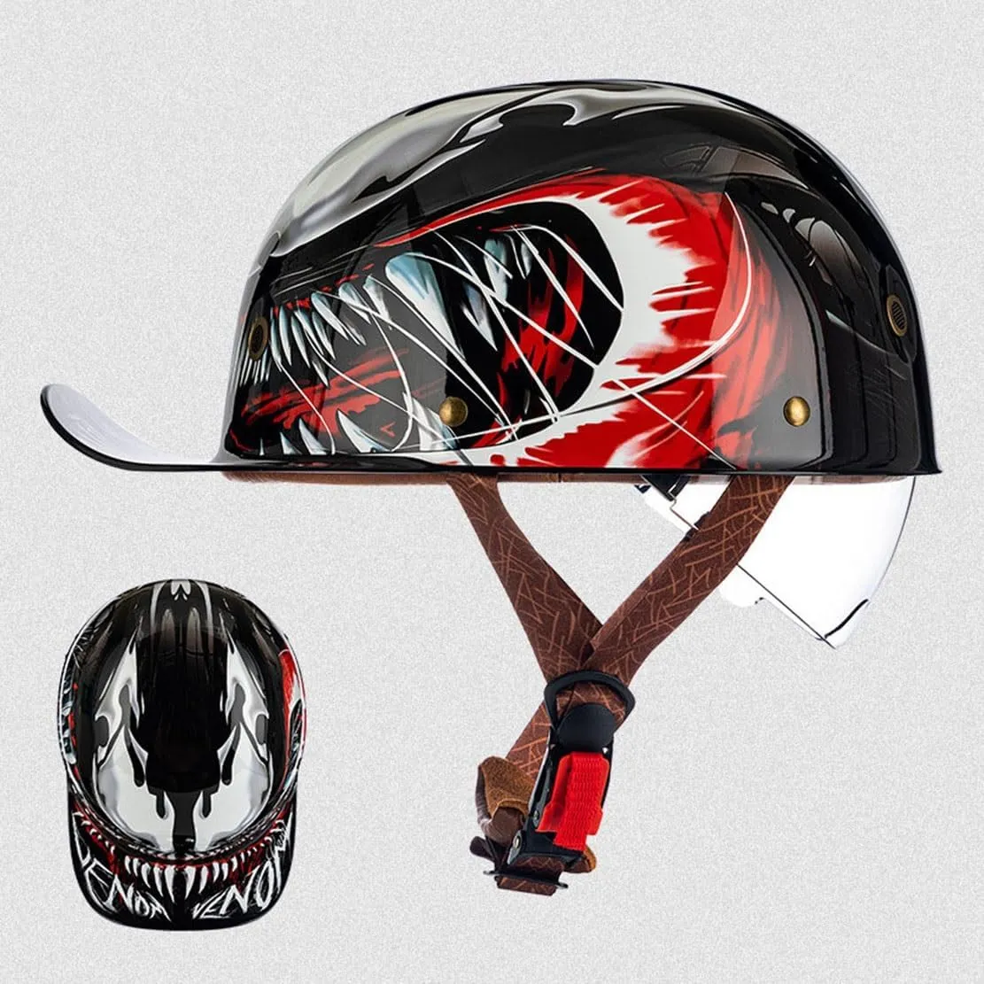Fashion Baseball Cap Style Motorcycle Helmet Adults Open Face Helmet Retro Skull Cap Helmet with Pull-Down Lens for Men Women Moped Scooter Street Cruiser Helmet DOT Approved