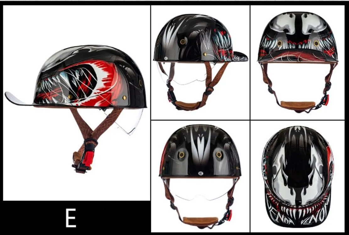 Fashion Baseball Cap Style Motorcycle Helmet Adults Open Face Helmet Retro Skull Cap Helmet with Pull-Down Lens for Men Women Moped Scooter Street Cruiser Helmet DOT Approved