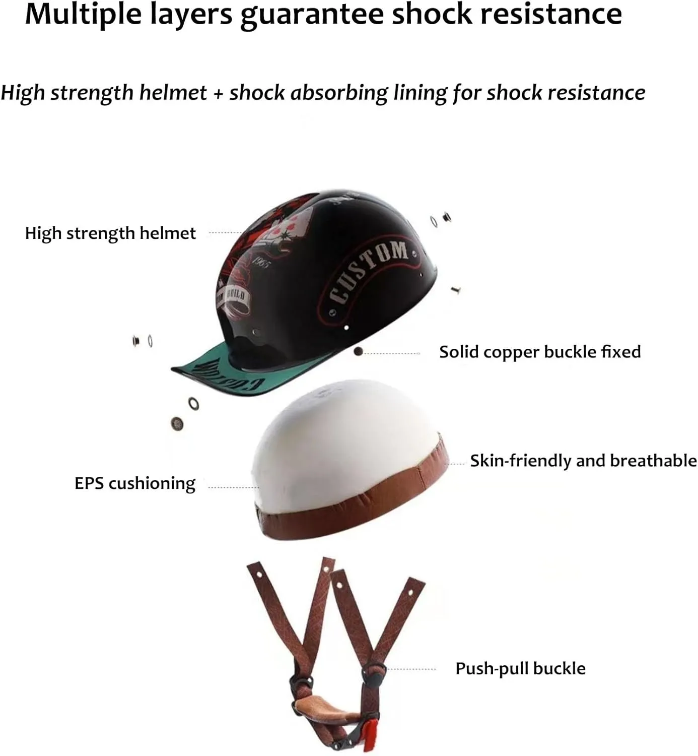 Fashion Baseball Cap Style Motorcycle Helmet Adults Open Face Helmet Retro Skull Cap Helmet with Pull-Down Lens for Men Women Moped Scooter Street Cruiser Helmet DOT Approved
