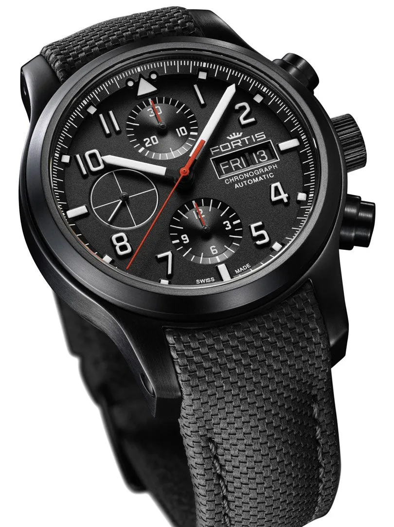 Fortis Aeromaster Professional Automatic Chronograph Black PVD Black Dial Black Textile Strap Day/Date Divers Mens Watch F4040002