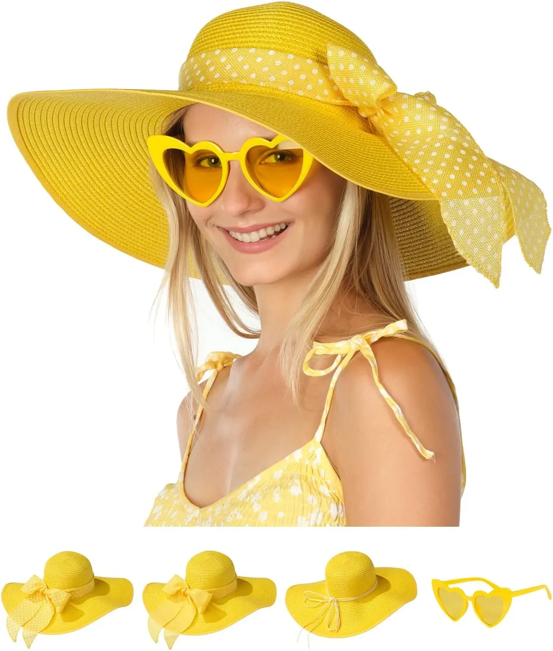 Funcredible Sun Hat for Women - Wide Brim Hat - Large Floppy Beach Hat - Straw Sun Hats with Bow and Heart Shape Glasses