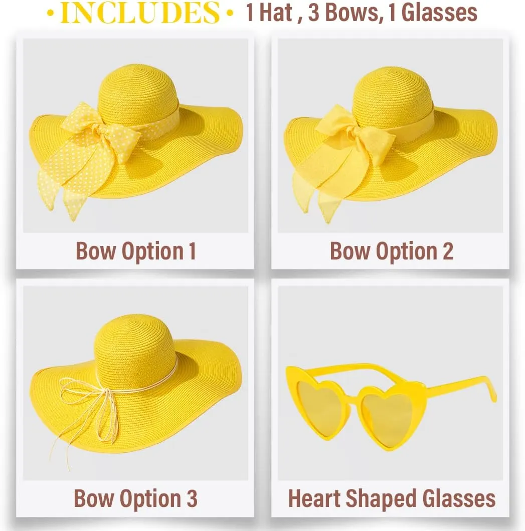 Funcredible Sun Hat for Women - Wide Brim Hat - Large Floppy Beach Hat - Straw Sun Hats with Bow and Heart Shape Glasses