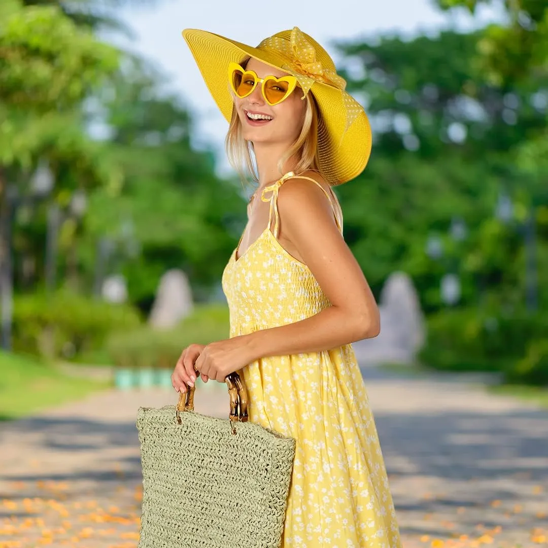 Funcredible Sun Hat for Women - Wide Brim Hat - Large Floppy Beach Hat - Straw Sun Hats with Bow and Heart Shape Glasses
