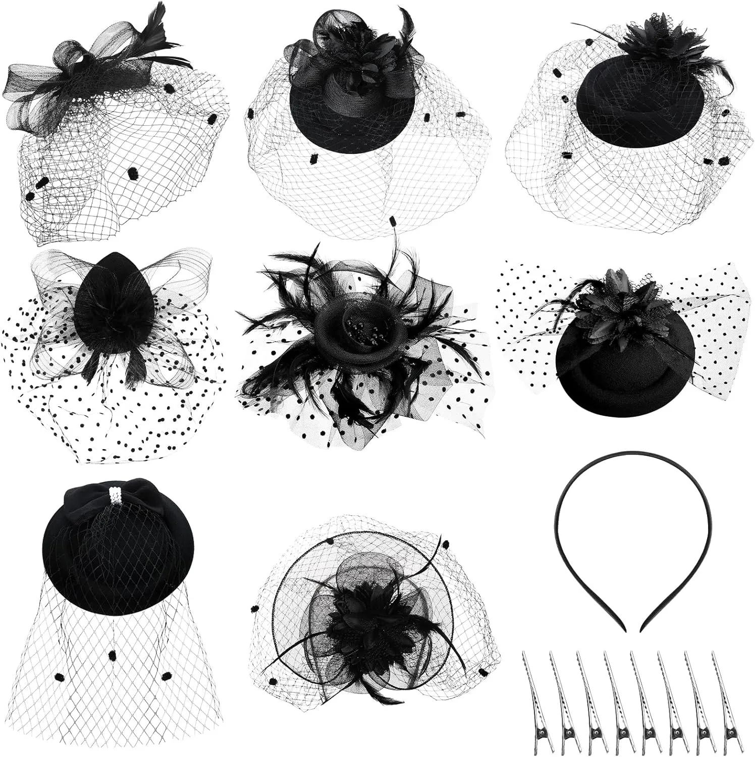 Geyoga 8 Pcs Fascinators Funeral Hats Pillbox Hat with Veil Feather Headband for Women Tea Party Church Costume