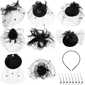 Geyoga 8 Pcs Fascinators Funeral Hats Pillbox Hat with Veil Feather Headband for Women Tea Party Church Costume