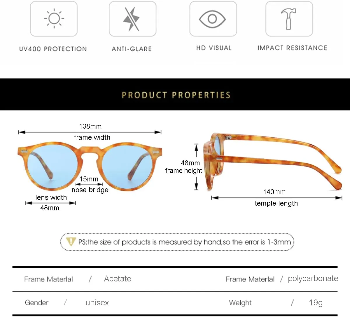 Gleyemor Vintage Polarized Sunglasses for Men Round Sunglasses UV400 Protection Retro Hand-crafted Acetate Frame