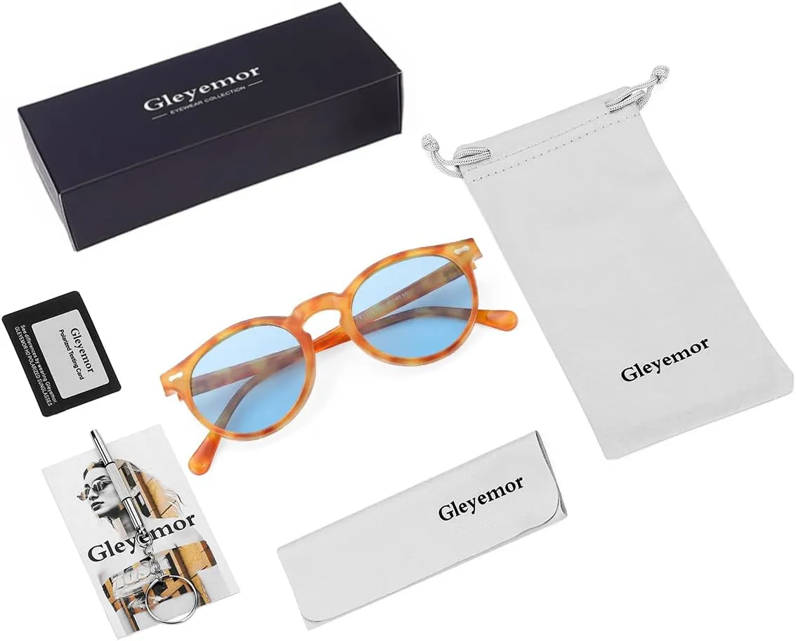 Gleyemor Vintage Polarized Sunglasses for Men Round Sunglasses UV400 Protection Retro Hand-crafted Acetate Frame