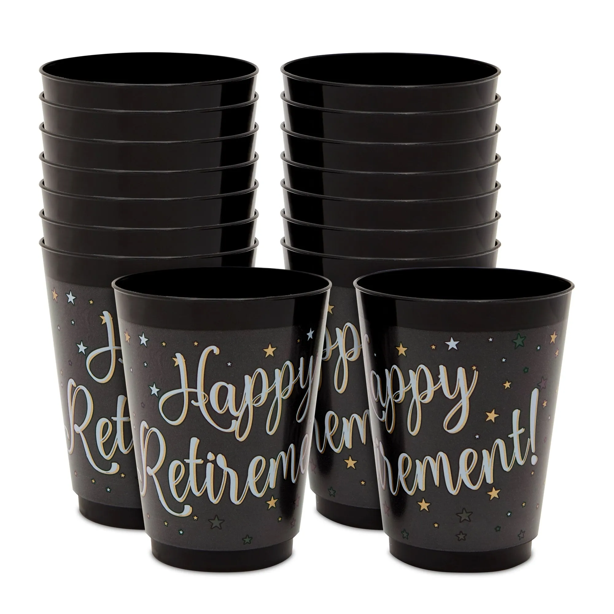 Happy Retirement Party Decorations, Black Plastic Cups (16 oz, 16 Pack)