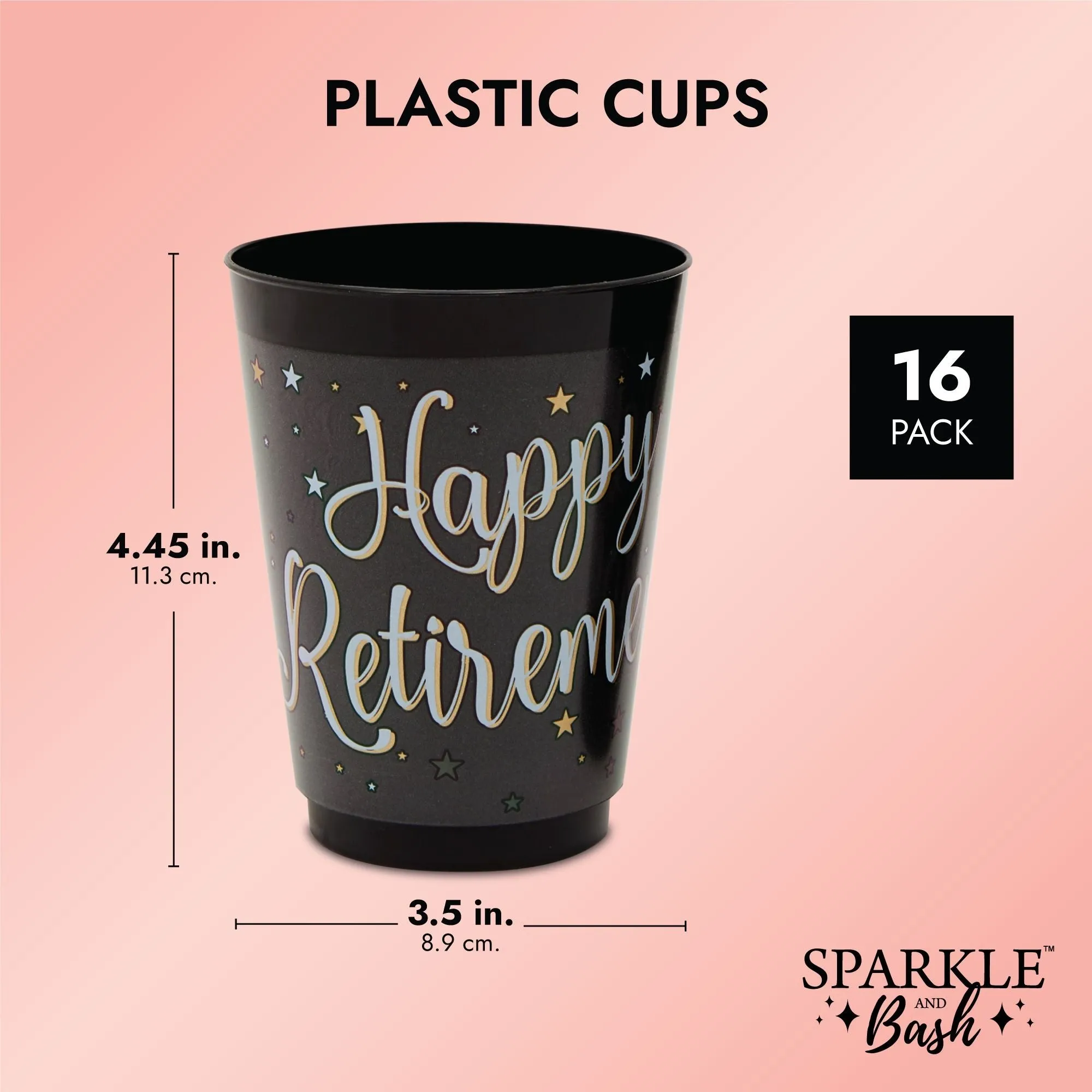 Happy Retirement Party Decorations, Black Plastic Cups (16 oz, 16 Pack)