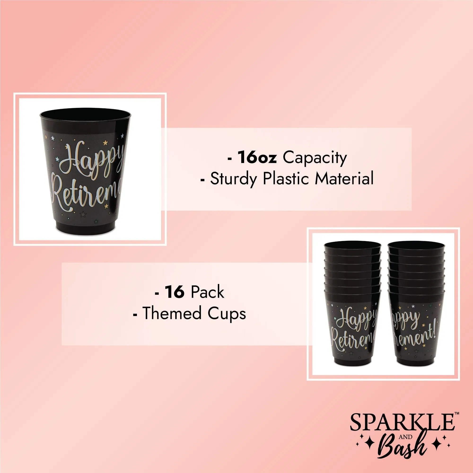 Happy Retirement Party Decorations, Black Plastic Cups (16 oz, 16 Pack)