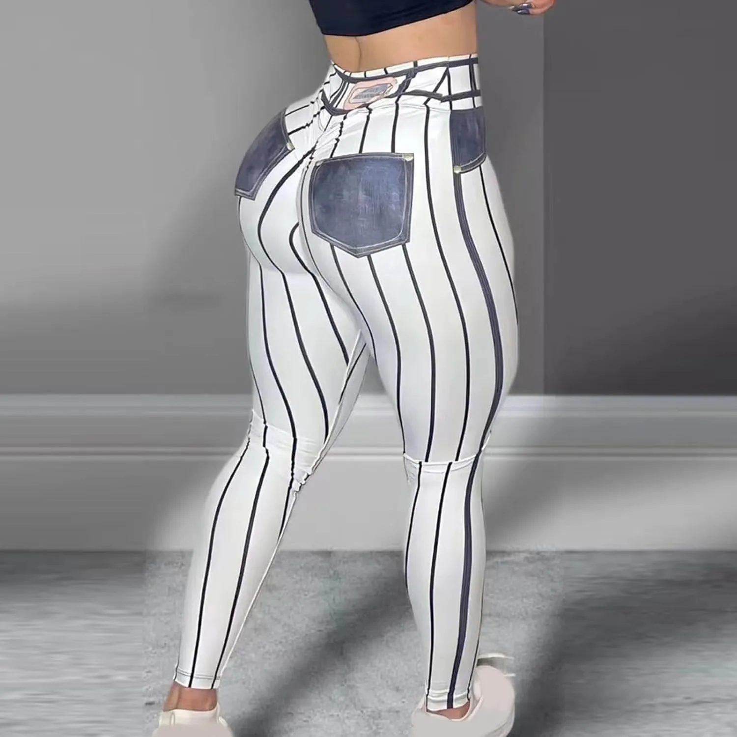 HGps8w Women's Imitation Denim Line Printed Leggings - Super High Waisted Striped Stretchy Yoga Pants Funny Running Tights