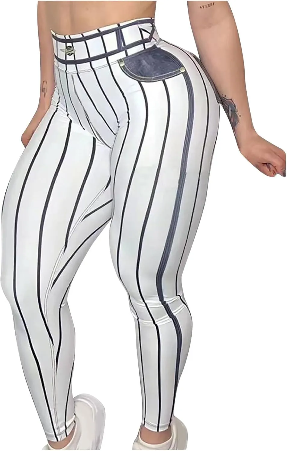 HGps8w Women's Imitation Denim Line Printed Leggings - Super High Waisted Striped Stretchy Yoga Pants Funny Running Tights