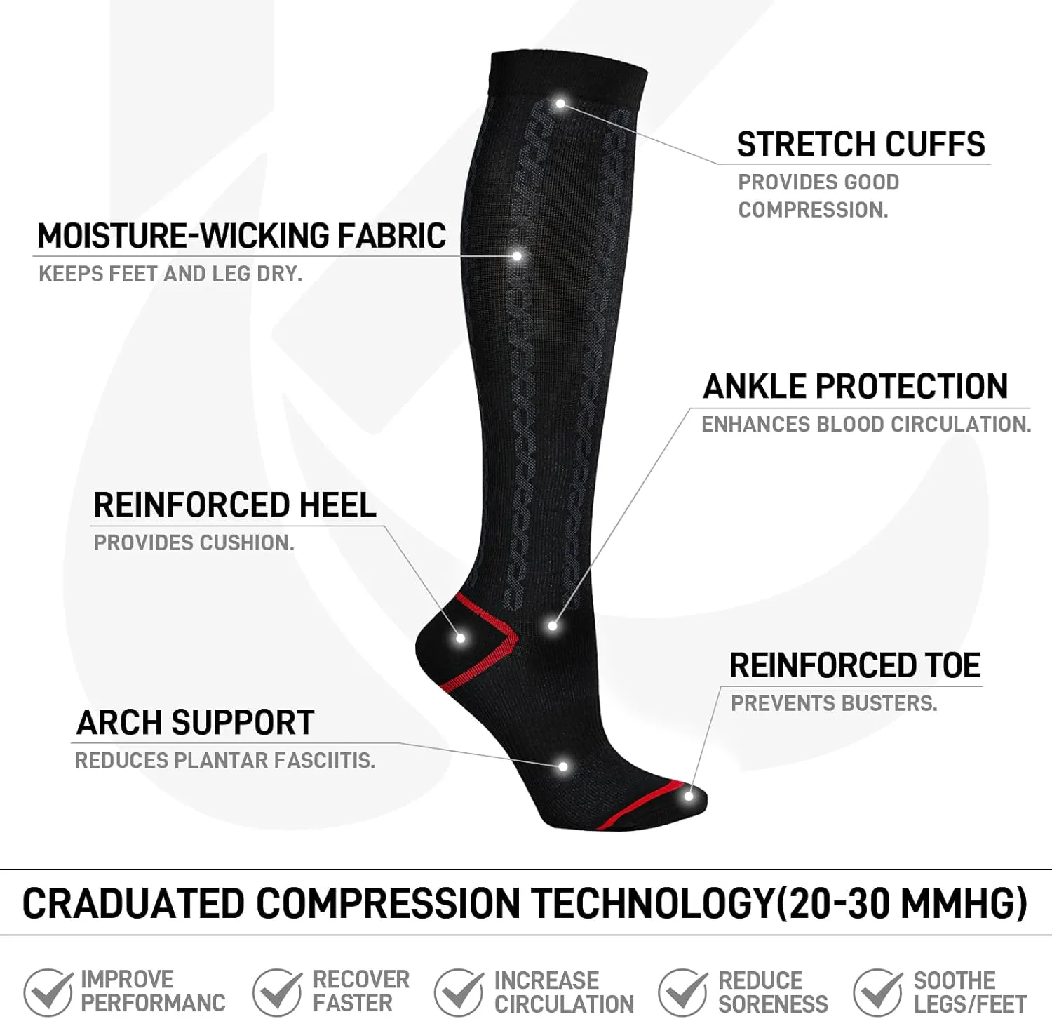 Kickticks 4 Pairs Compression Socks for Woman & Man Unisex 20-30mmHg Knee high Plus Size Wide Calves for Flying Running