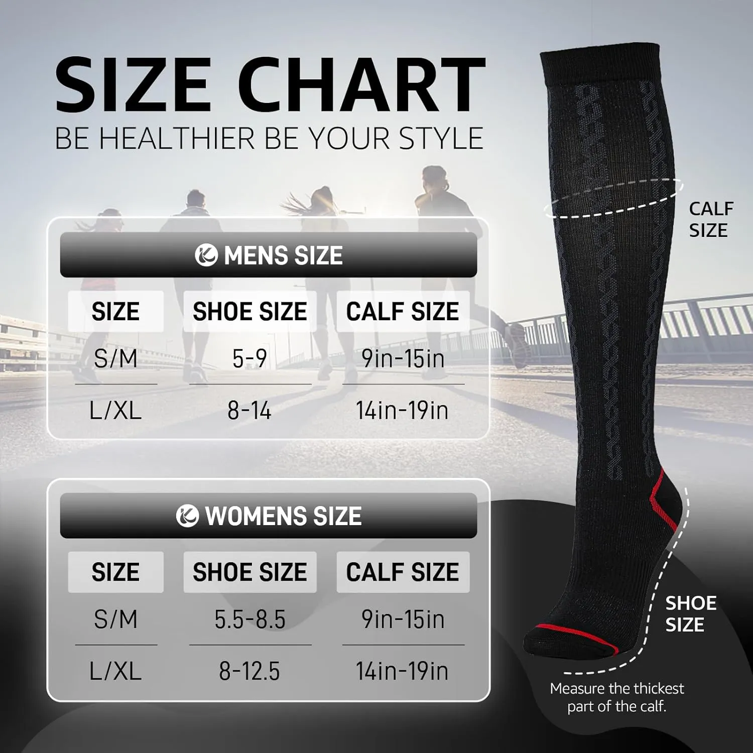 Kickticks 4 Pairs Compression Socks for Woman & Man Unisex 20-30mmHg Knee high Plus Size Wide Calves for Flying Running