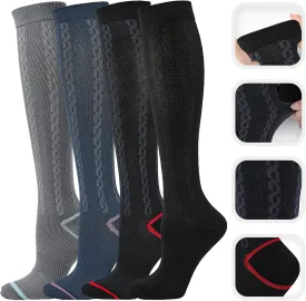Kickticks 4 Pairs Compression Socks for Woman & Man Unisex 20-30mmHg Knee high Plus Size Wide Calves for Flying Running
