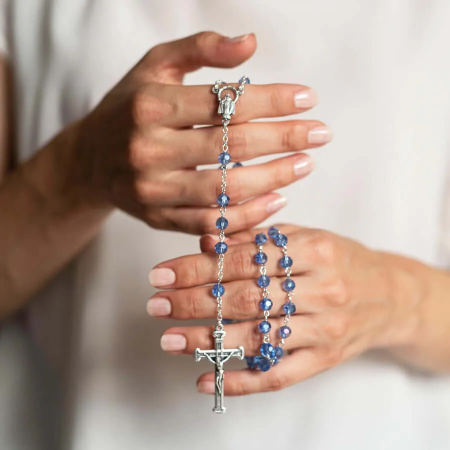 LIGHT BLUE CRYSTAL ROSARY - METAL