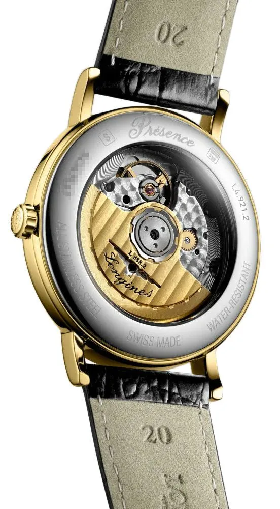 Mens Longines Presence Automatic Watch with Yellow Gold PVD, White Dial, Black Leather Strap, and Date Feature - Model L4.921.2.11.2